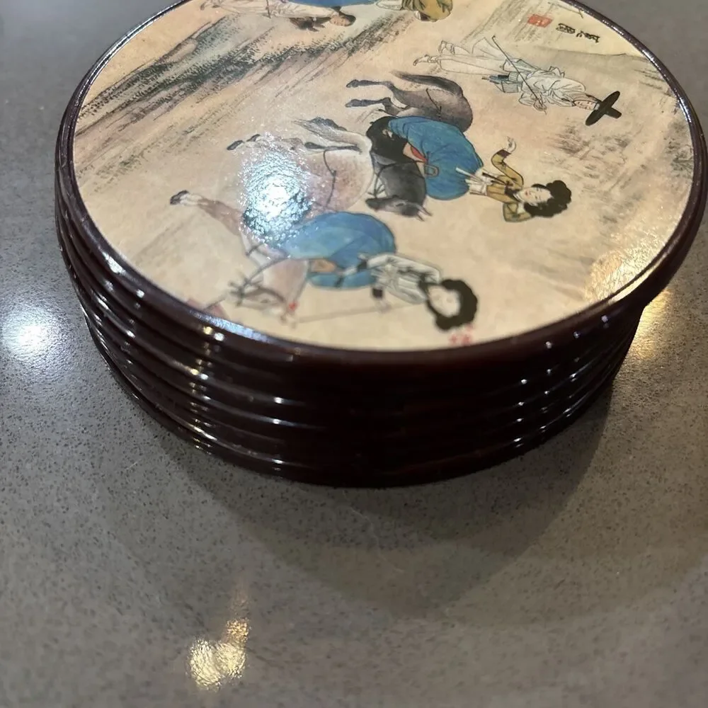Six Korean Coaster Set With Sin Yun Bok Art Detailed Korean Scenes Laminate Cork